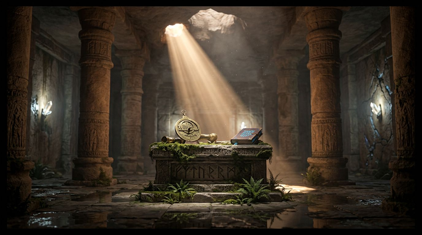 Ancient Temple Interior with Light Rays