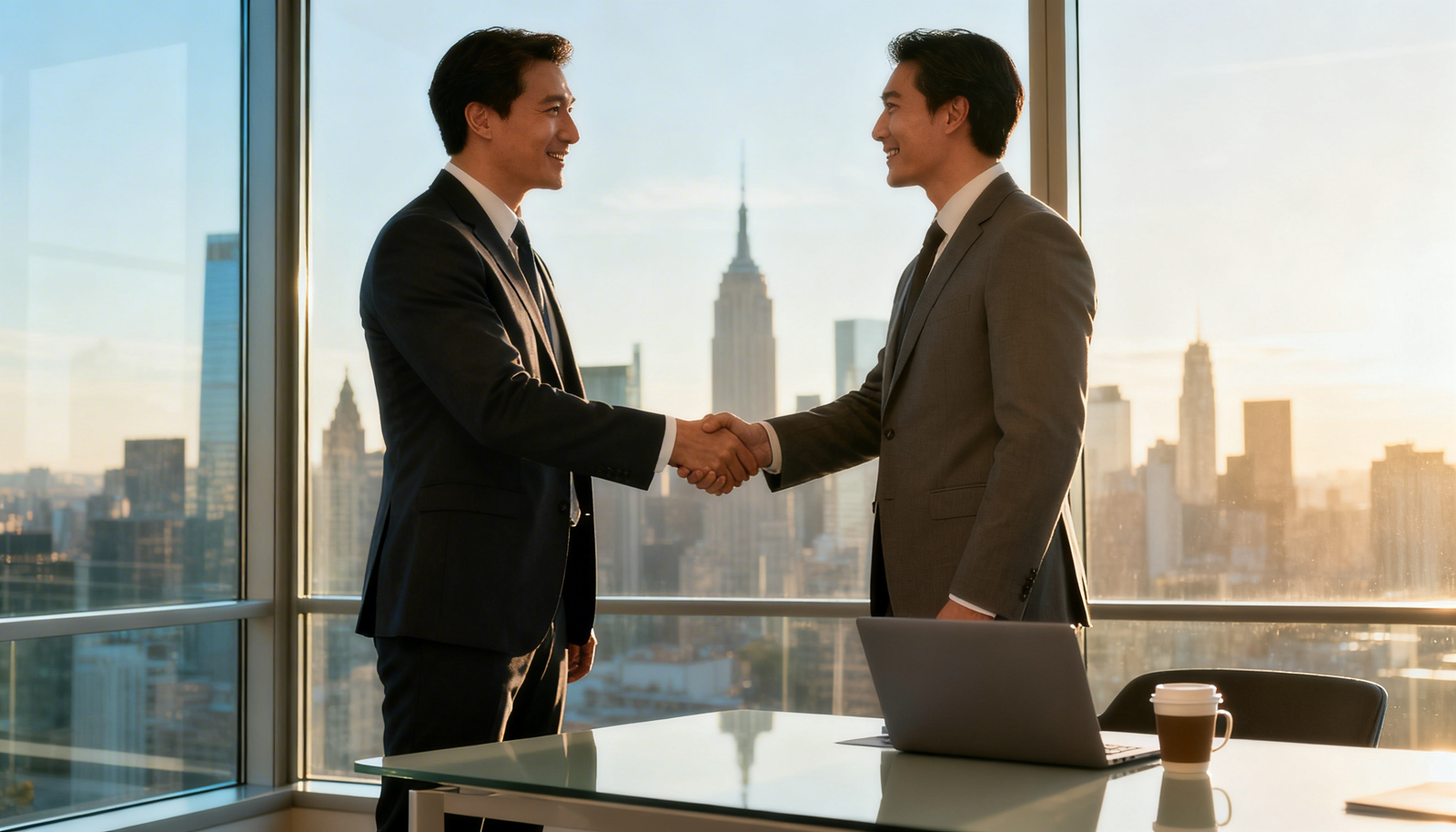 Business Deal Handshake with City Skyline View