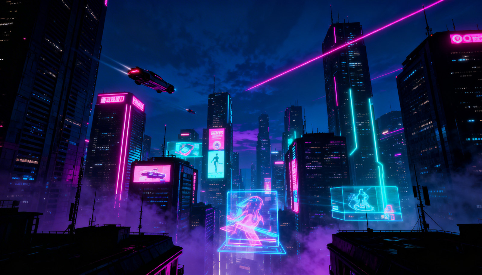Futuristic Neon City Night Cyberpunk Skyline