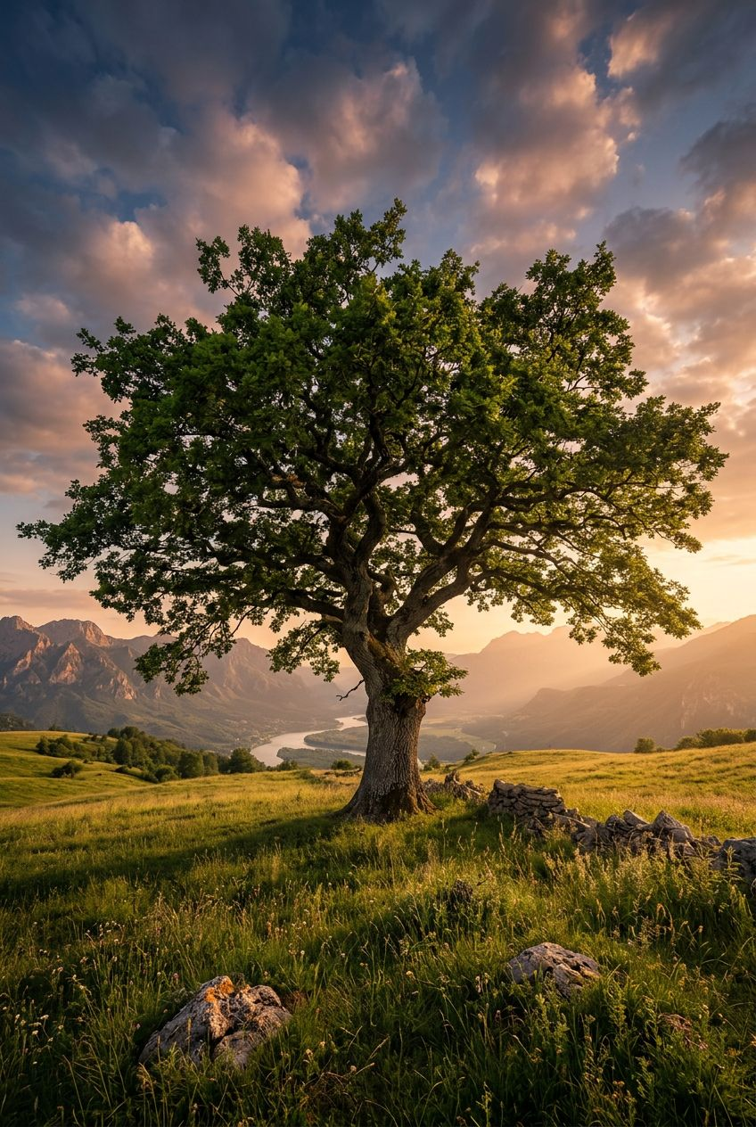 Lone Tree in Sunset Landscape