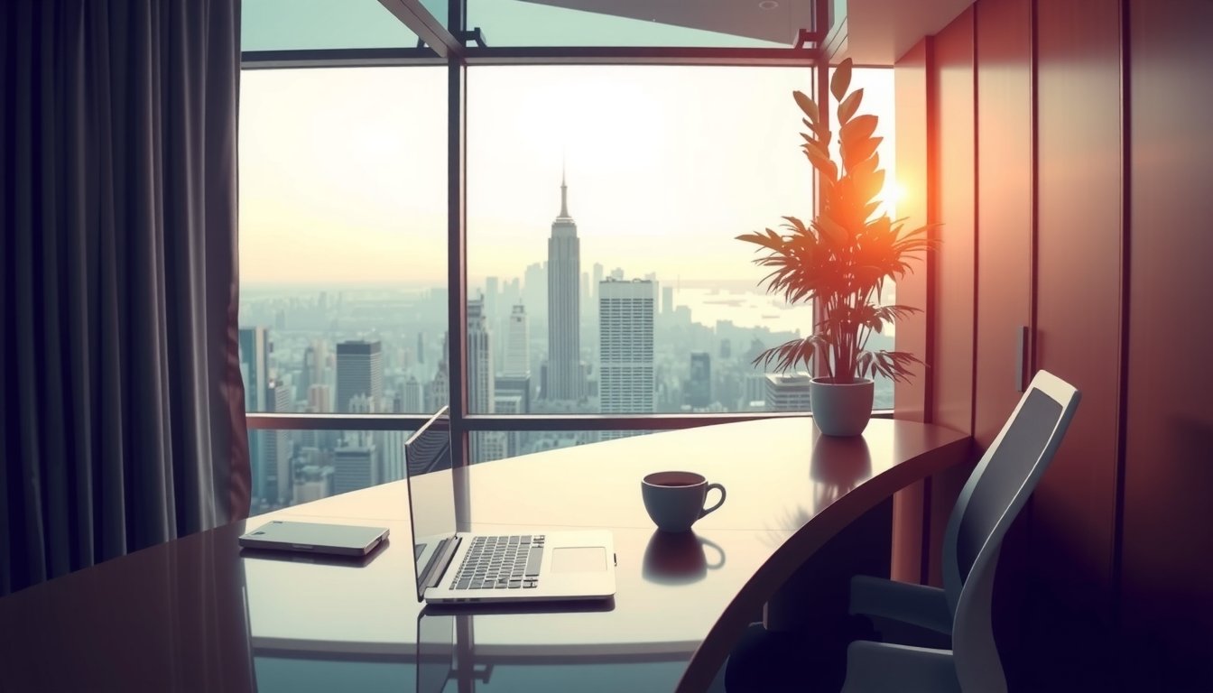 Modern Desk Setup with Plants and City Skyline