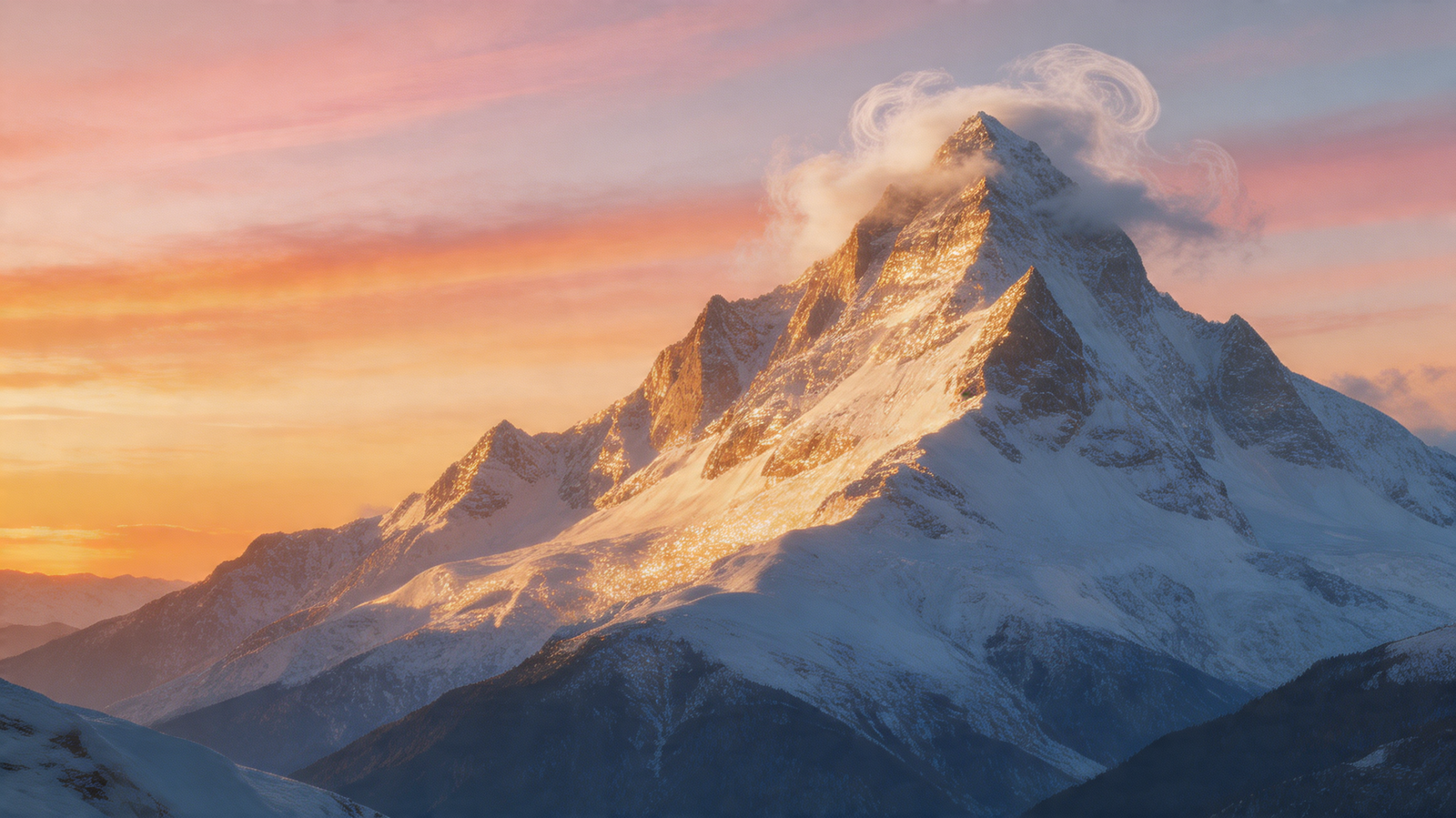 paintings of mountains. First, a snowy peak at sunset. Second,