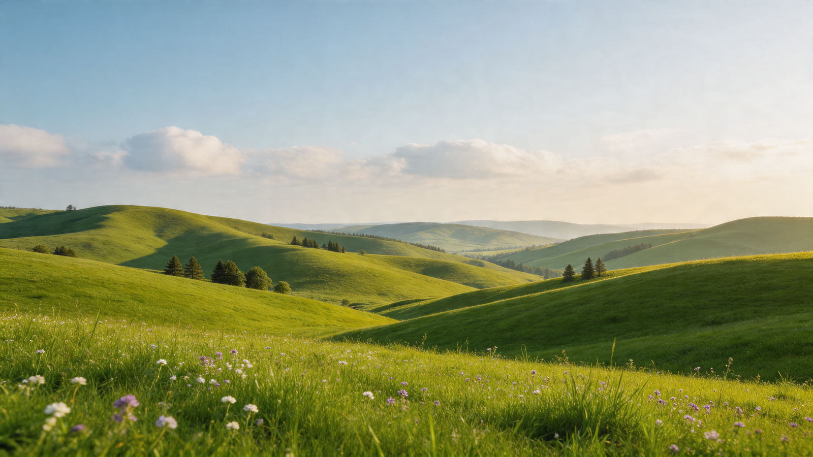 a peaceful landscape with rolling green hills