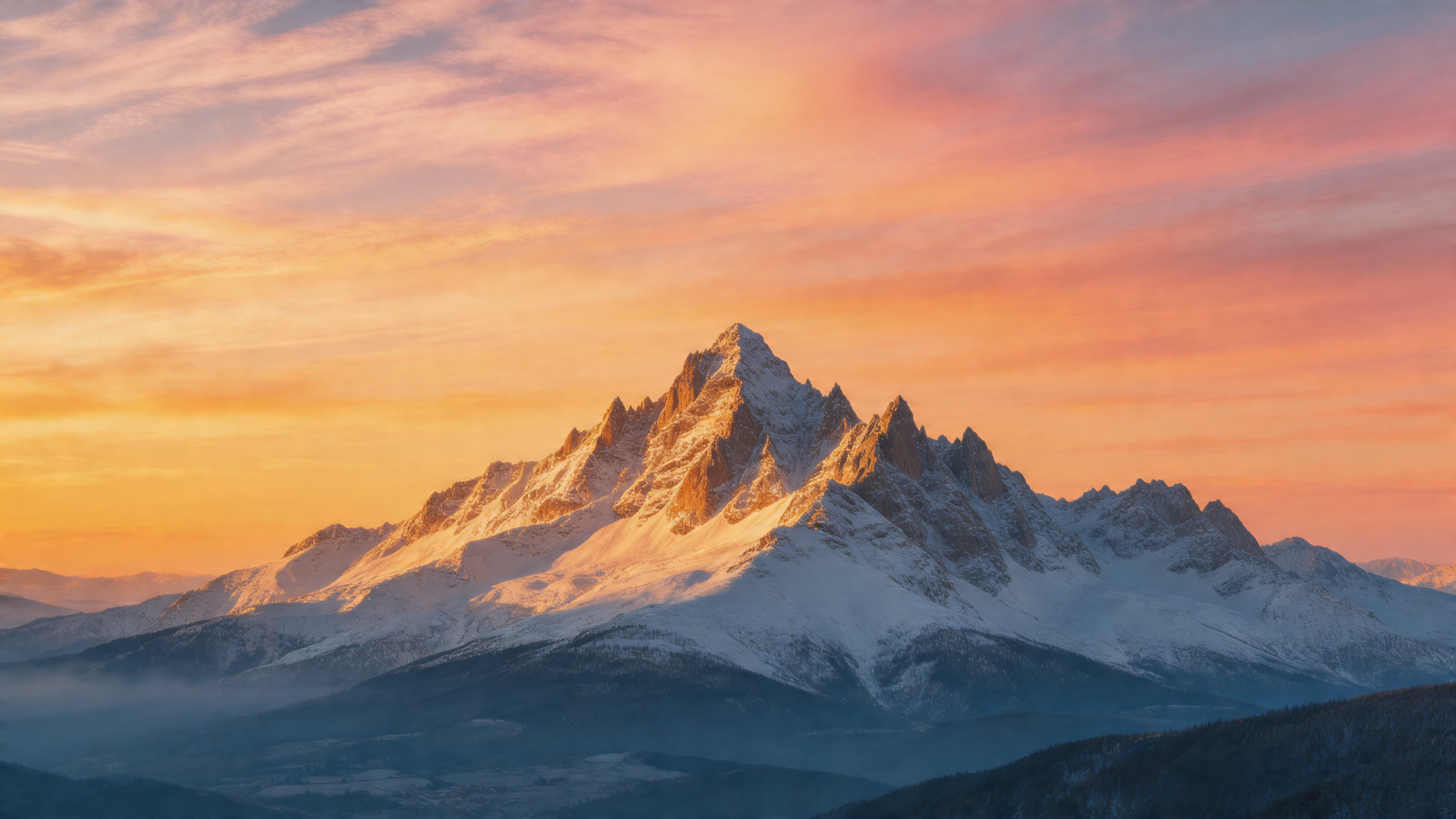 a snowy peak at sunset. Second, green rolling hills at dawn.