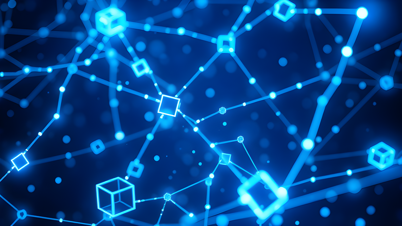 Blockchain transaction visualization with glowing chains and cubes moving through space, neon