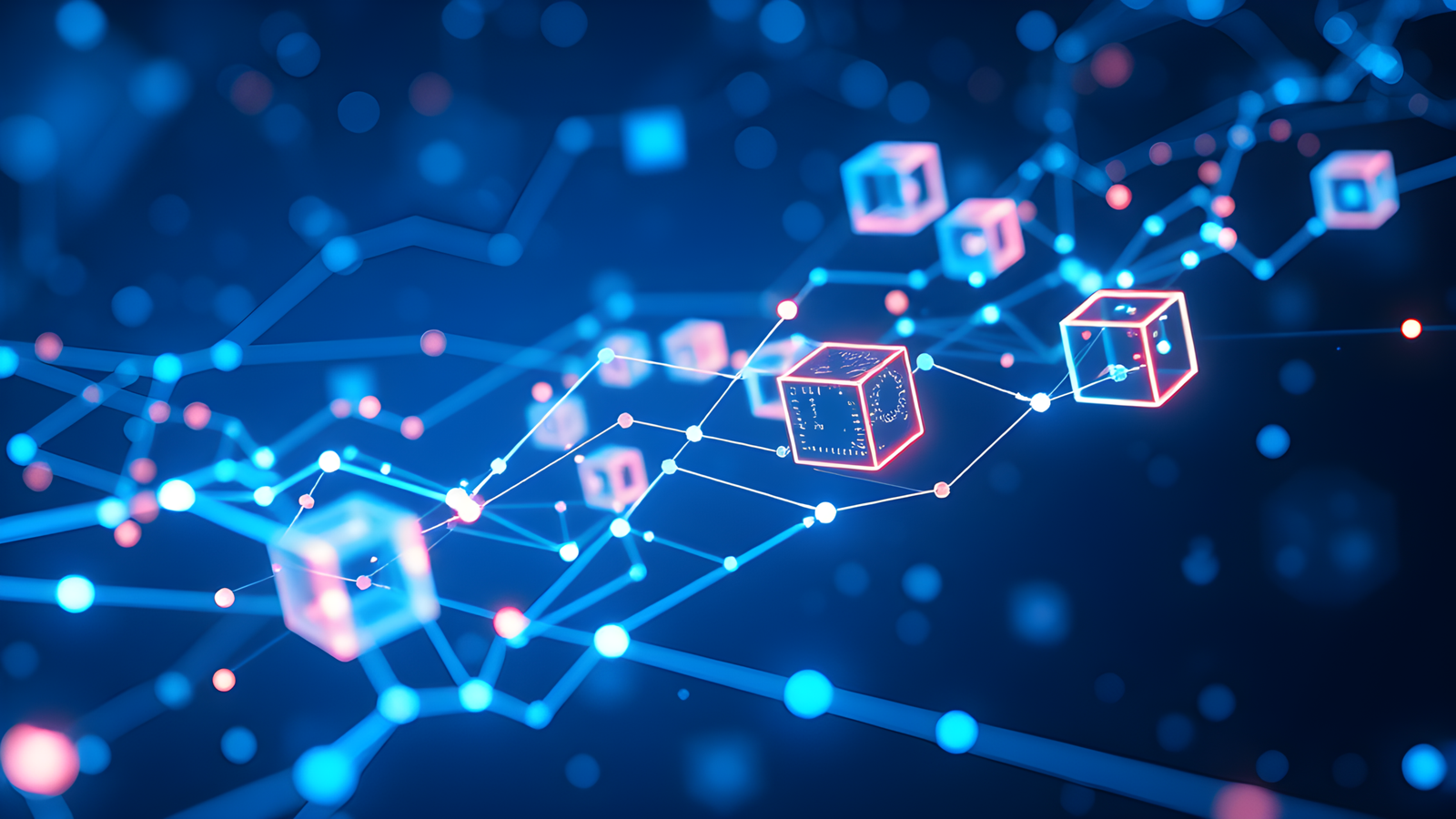 Blockchain transaction visualization with glowing chains and cubes moving through space, neon