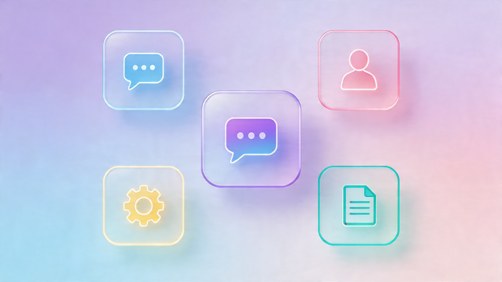 Smart AI assistant interface with floating UI cards, soft glassmorphism style, pastel