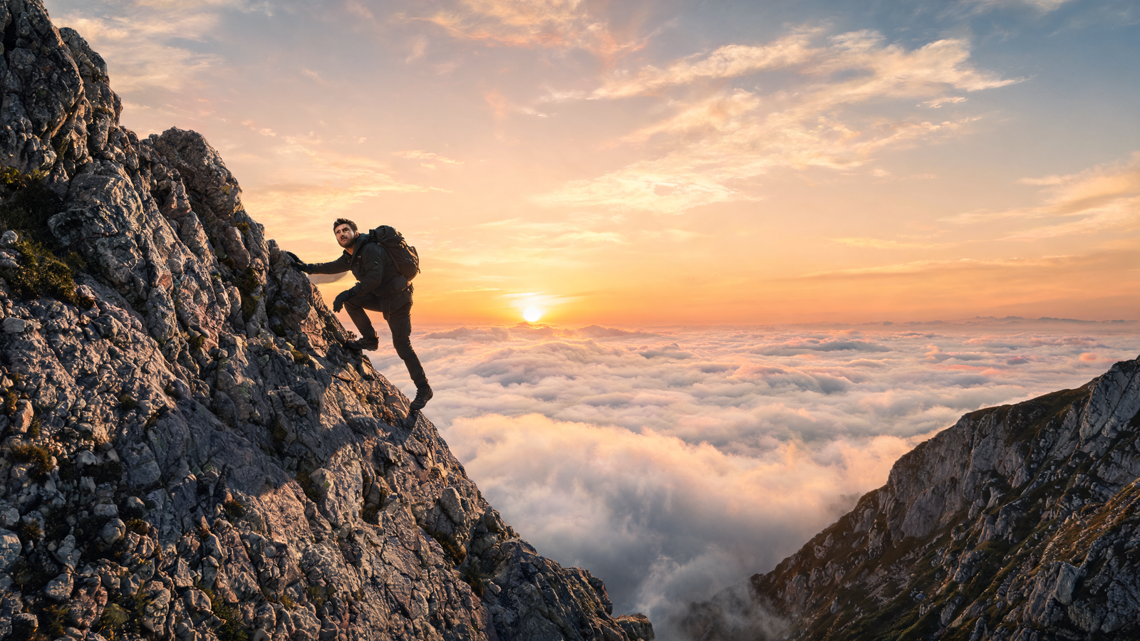 A determined man climbing a steep mountain at sunrise, dramatic golden light,