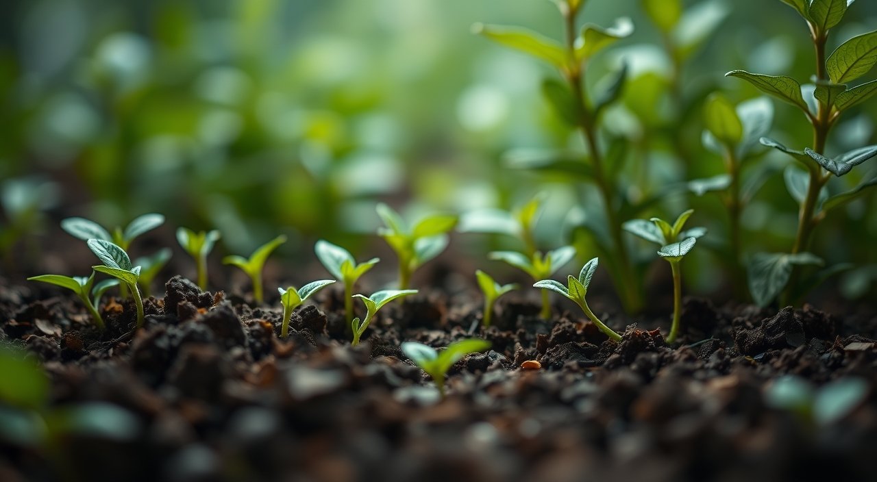 Young Green Seedlings Growing in Rich Soil