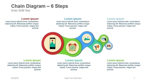 Chain diagram 6 steps presentation graphic with icons for business processes