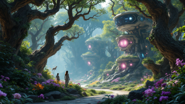 Fantasy forest future city futuristic biomechanical towers with people