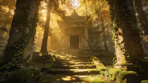 Ancient temple ruins jungle light pathway ancient temple ruins jungle light pathway