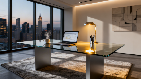 Modern office desk with laptop and city view at dusk