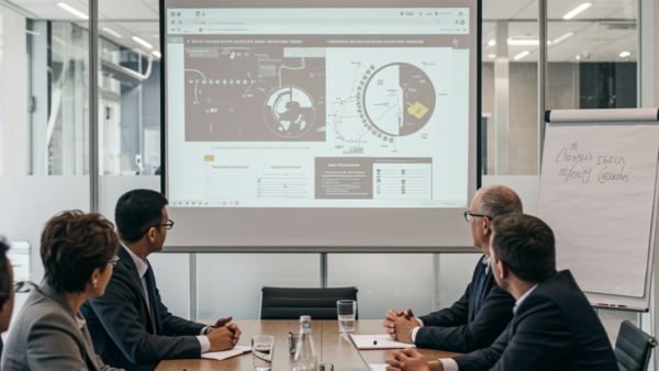 Business meeting with presentation and whiteboard