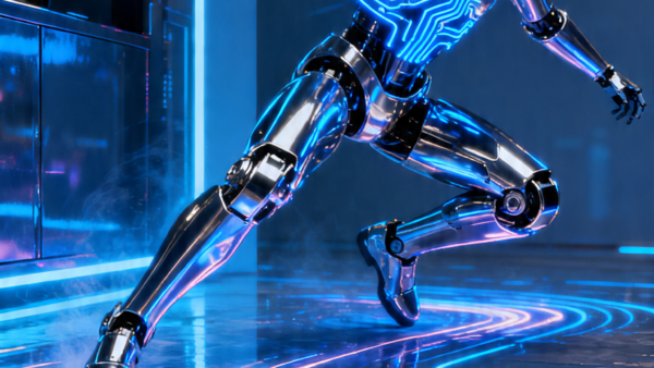 Cybernetic Robot running with blue glowing circuits and neon lights