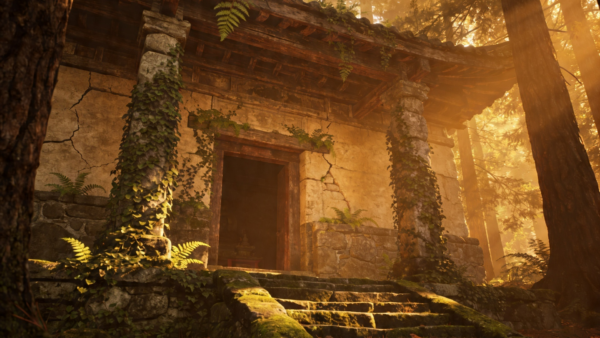 Ancient forest temple steps bathed in golden sunlight.