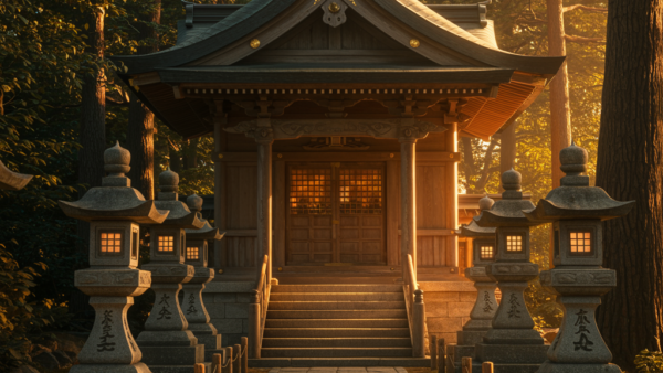 Japanese shrine peaceful forest lanterns at sunset lighting tranquil scene