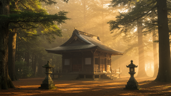 Japanese temple building in foggy forest morning light