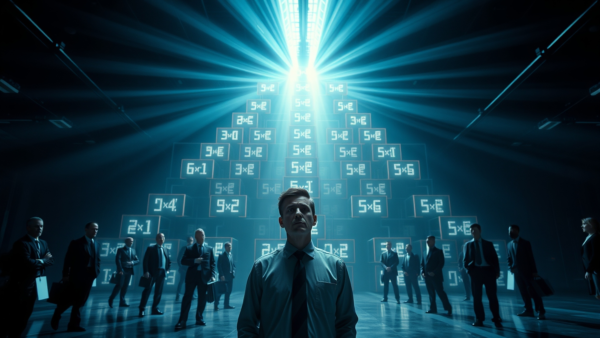 Man facing digital math pyramid with business people
