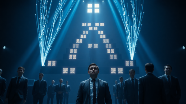 Business leader group facing bright future tech pyramid in blue light