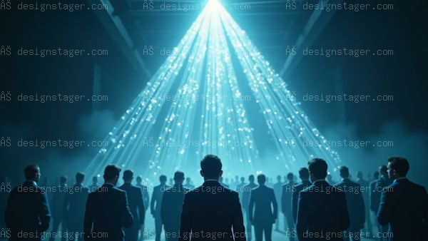Businessmen group looking at blue light rays in a dark hall