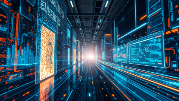 Digital data tunnel futuristic tech background with blue and orange glowing lines