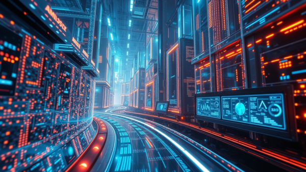 Cyberpunk data server network futuristic neon digital data flow