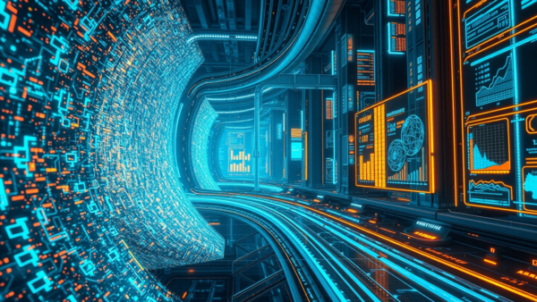 Digital Data Tunnel Futuristic Technology Background Abstract Neon Lights