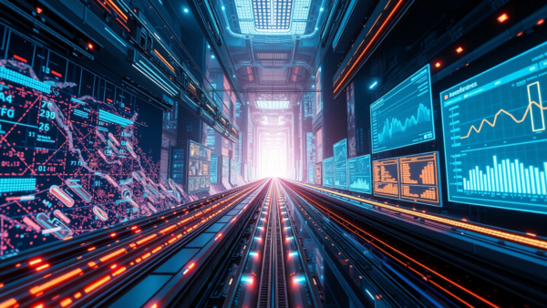 Futuristic data tunnel with glowing screens and digital information.