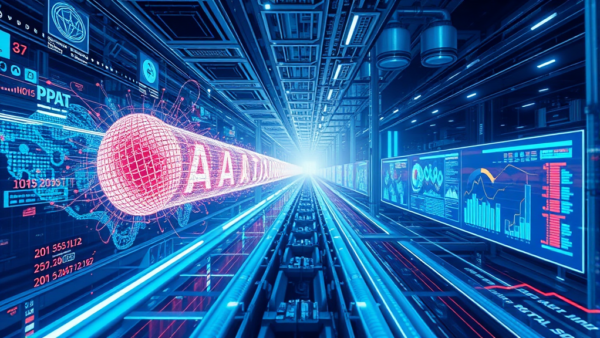 Futuristic abstract data tunnel with neon glow and digital screens