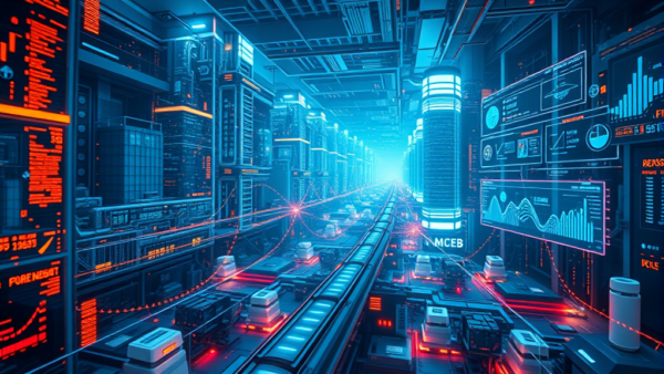 Digital futuristic city data center with blue and red neon lights and screens