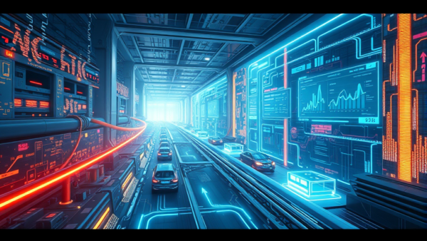 Future city transport futuristic data tunnel with glowing blue neon lights and cars