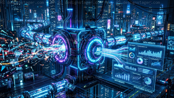 AI Processing Core futuristic data center with glowing tubes and screens