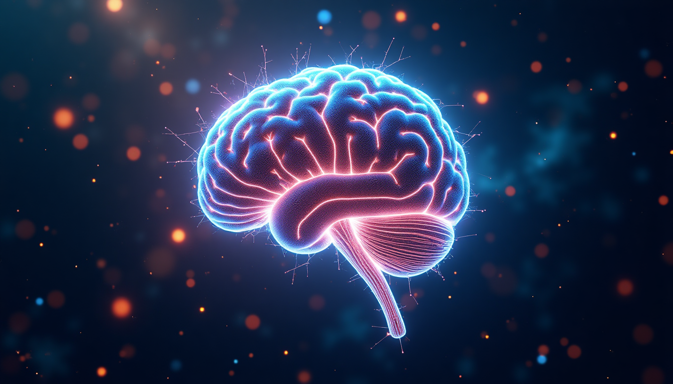 Glowing neural brain network with digital connections and particles, abstract concept
