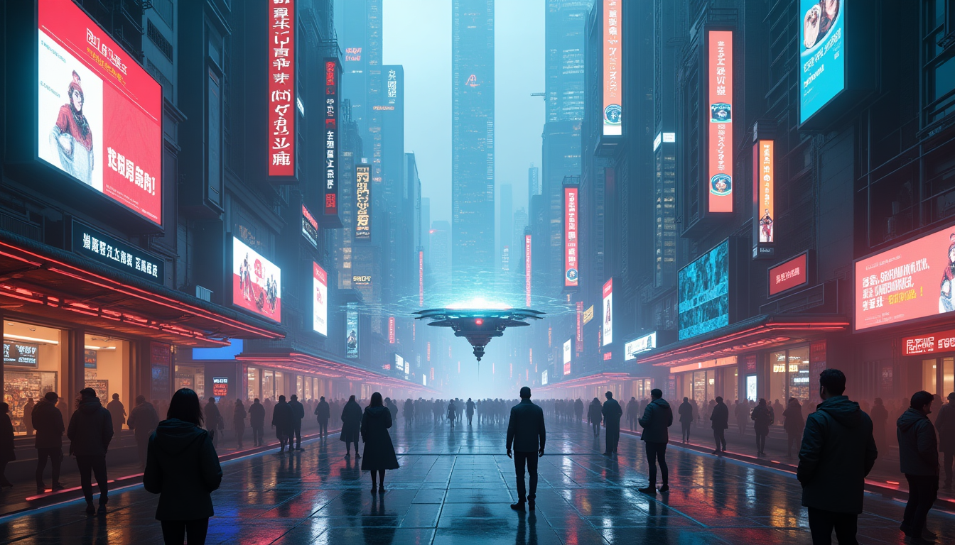 futuristic city street with neon signs and flying object