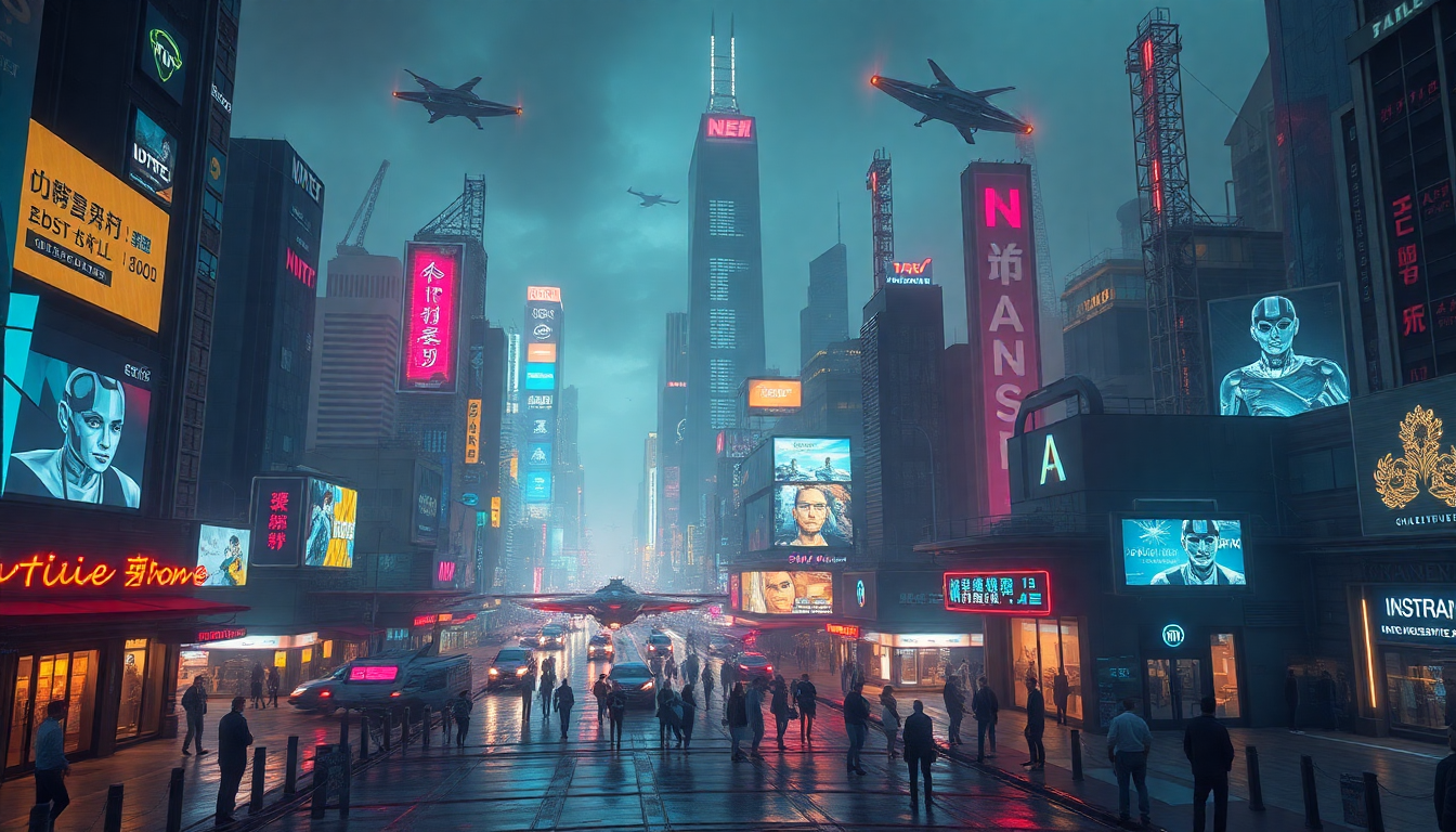 futuristic city street scene with flying cars and neon signs
