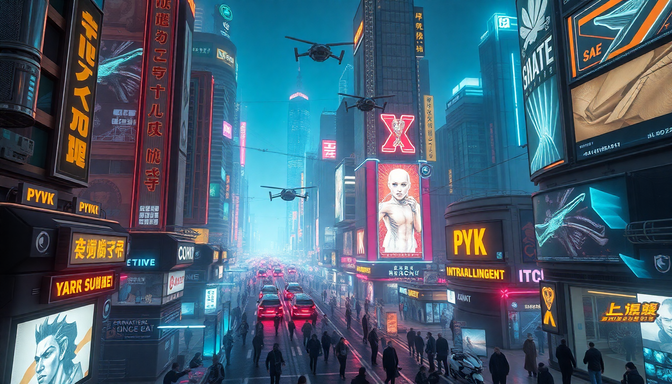 Futuristic City Street Scene with Flying Cars and Neon Signs