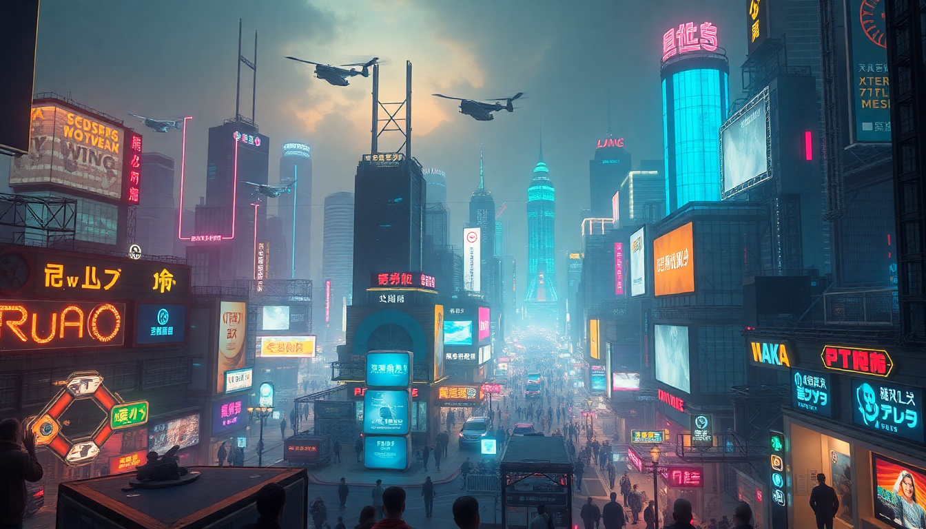 Futuristic city street with flying cars and neon signs