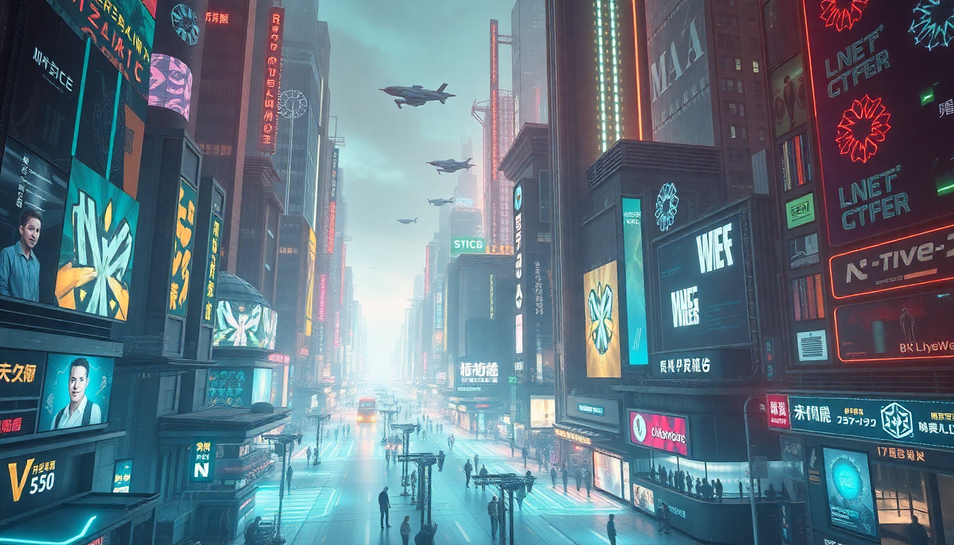 futuristic city street with neon signs and flying cars