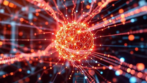 Digital data sphere glowing with red energy and binary code