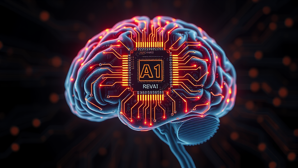 AI chip embedded in human brain concept, fusion of biology and technology,…