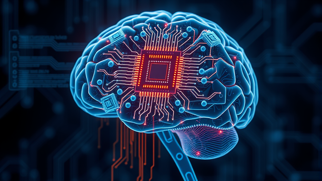 AI chip embedded in human brain concept, fusion of biology and technology,…