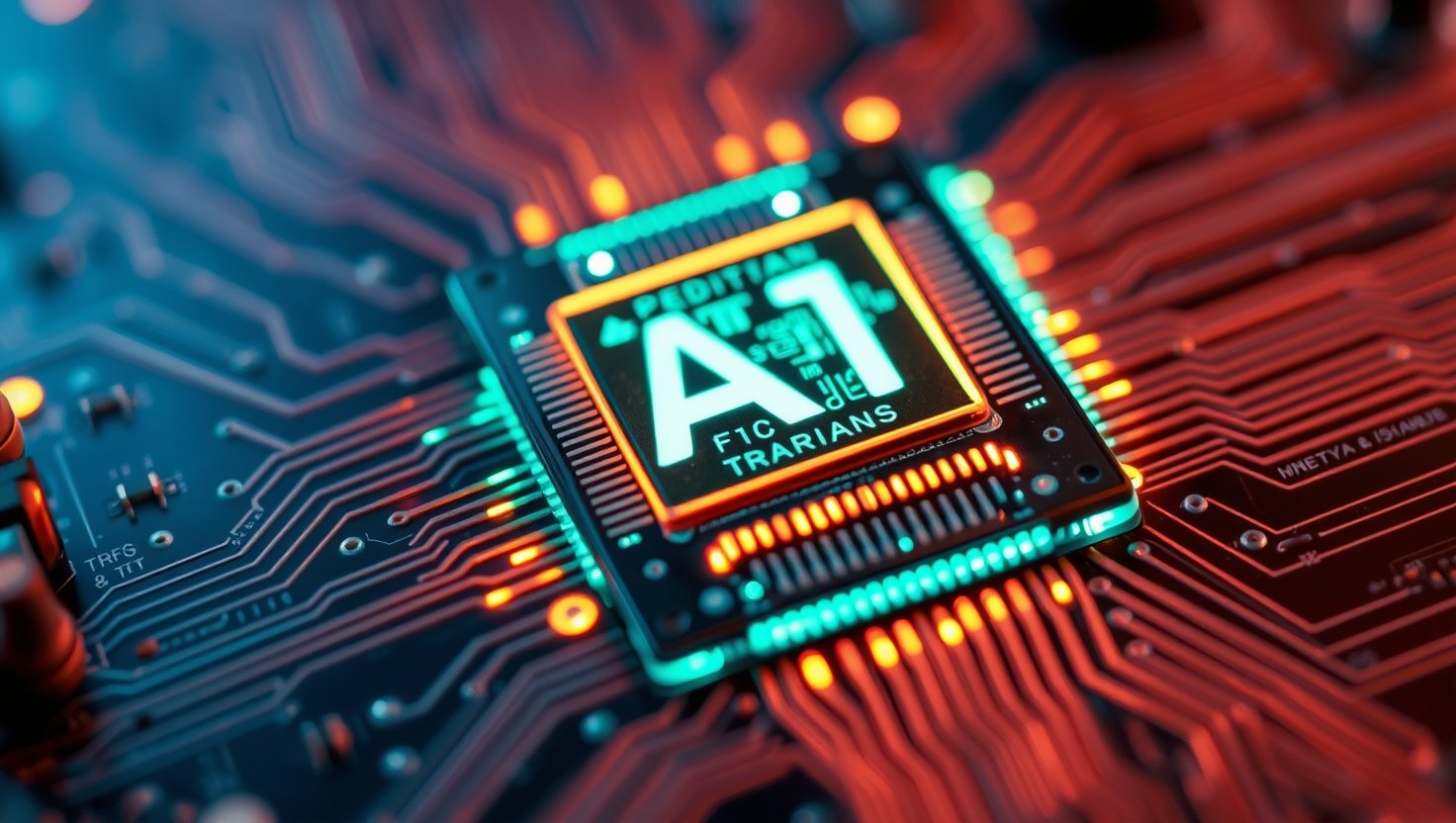 AI chip glowing inside futuristic circuit board, macro detail, pulsing neon veins,…