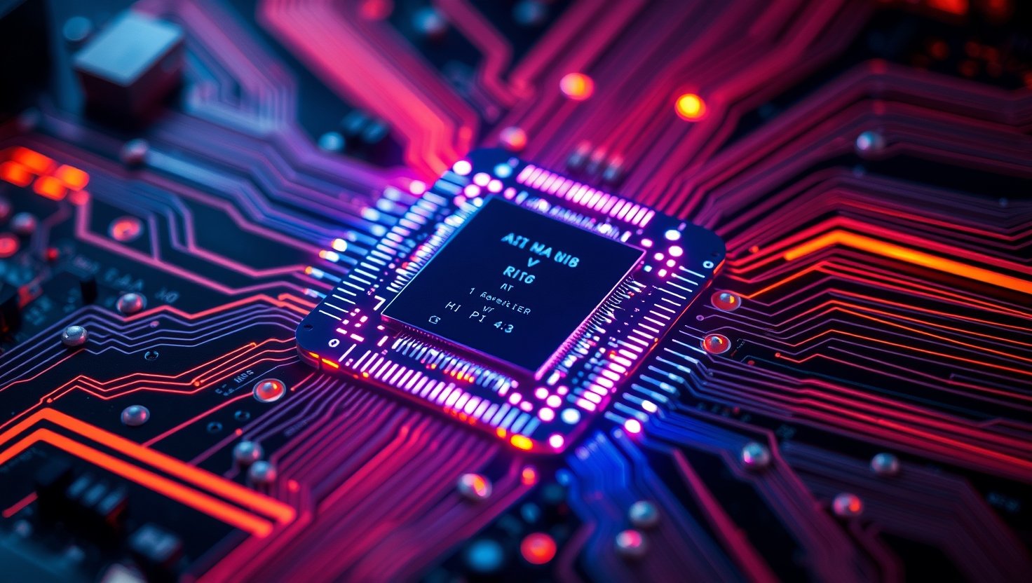 AI chip glowing inside futuristic circuit board, macro detail, pulsing neon veins,…