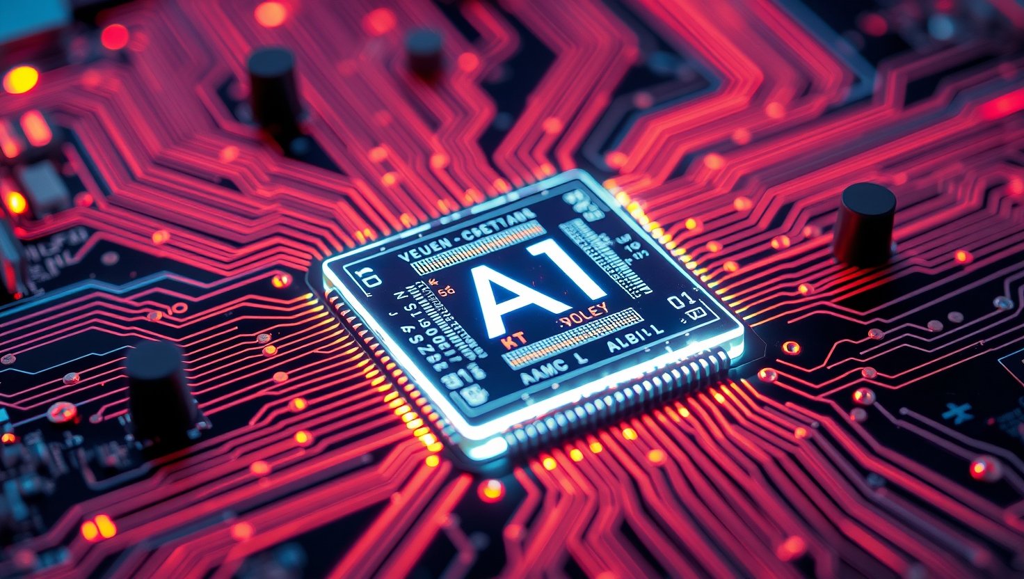 AI chip glowing inside futuristic circuit board, macro detail, pulsing neon veins,…