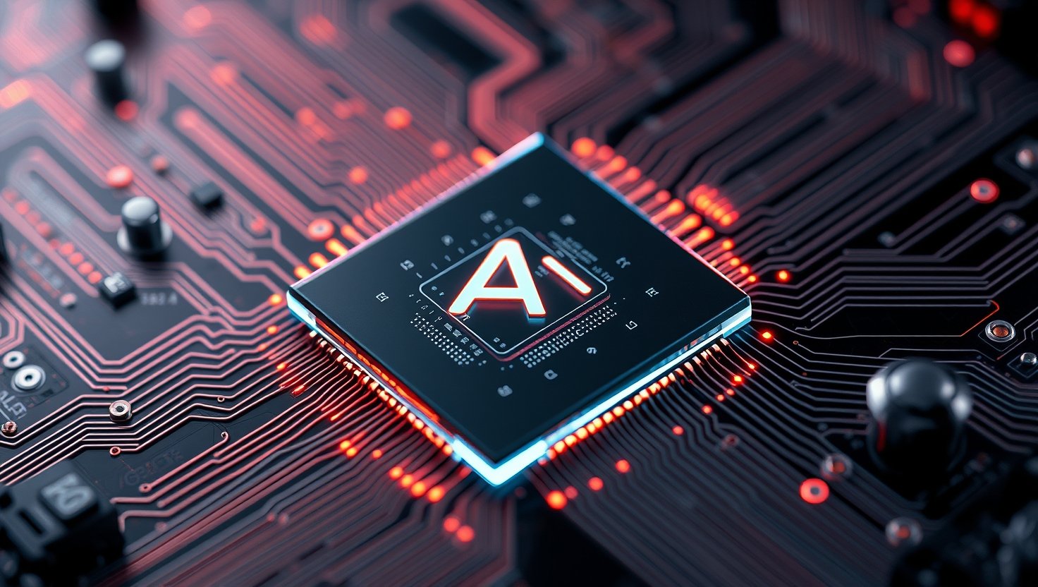 AI chip glowing inside futuristic circuit board, macro detail, pulsing neon veins,…