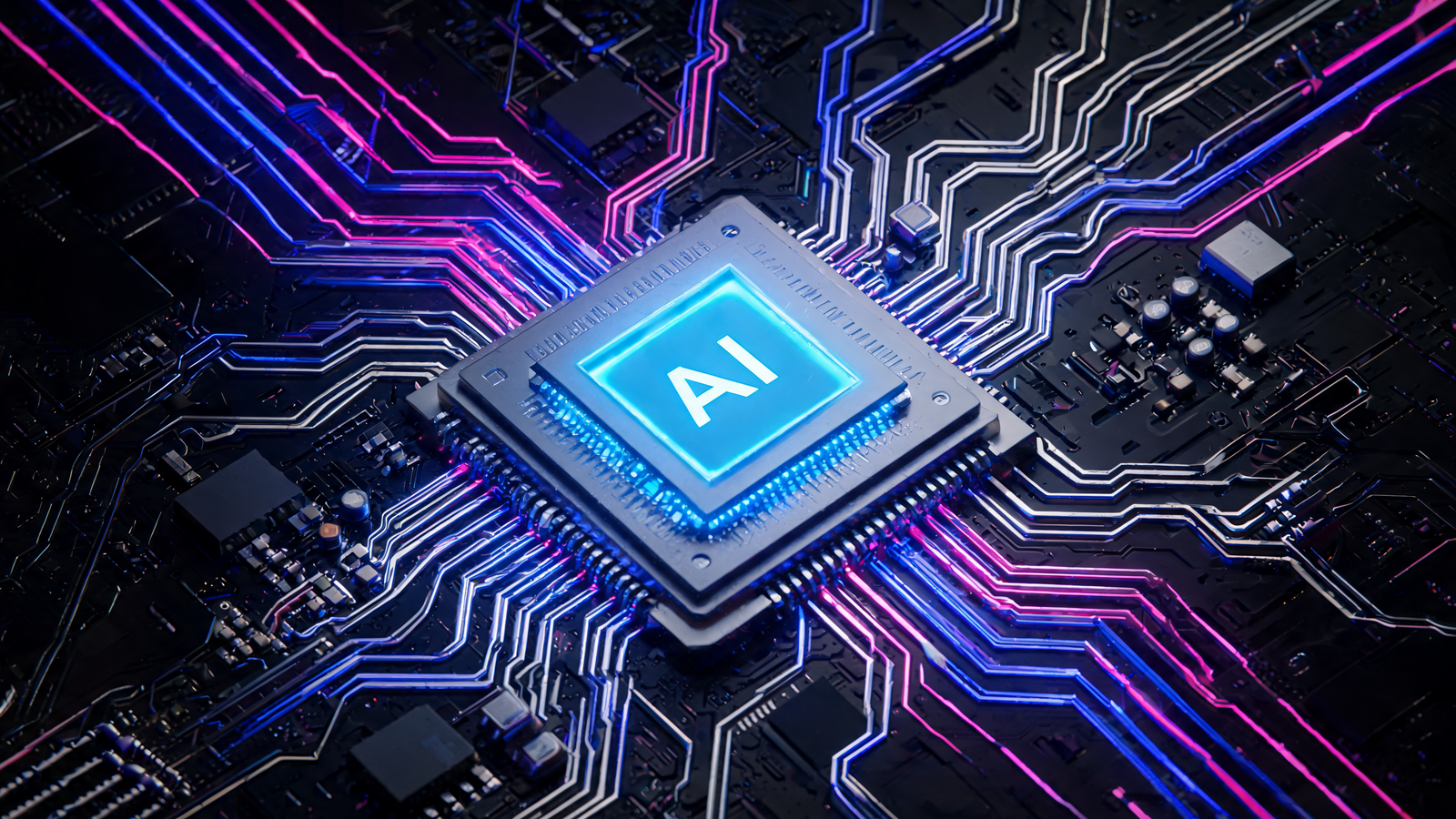 AI chip glowing inside futuristic circuit board, macro detail, pulsing neon veins,…