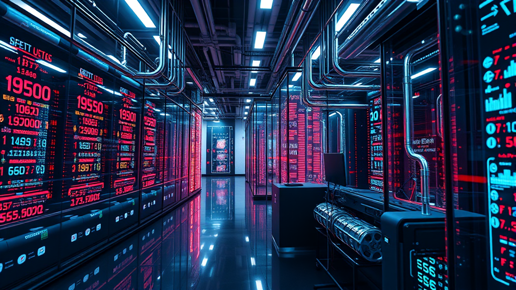 Data center server room with glowing red code and blue lights