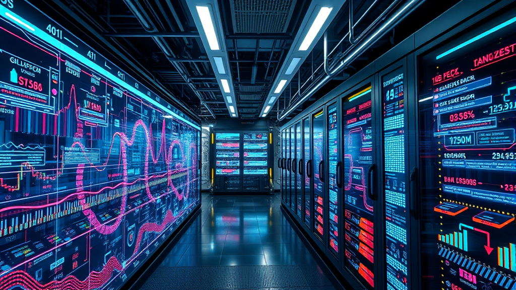 Data center servers with digital screen analytics and graphs