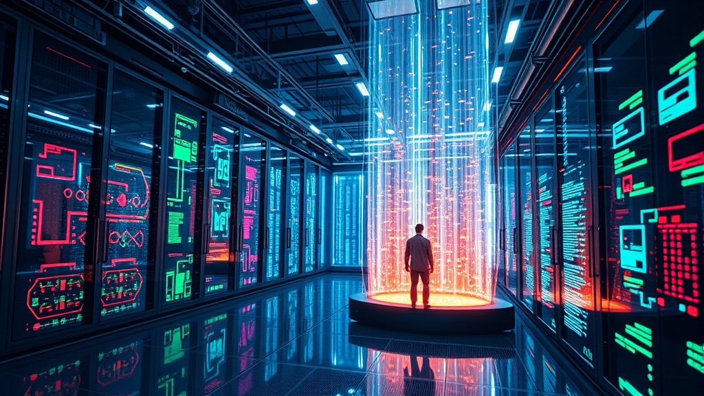 Data center technology man looking at glowing server light streams